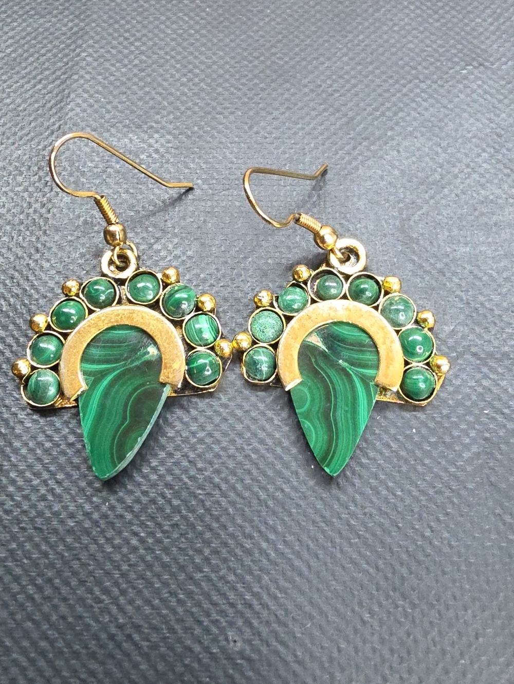 Malachite Fan Drop Earrings Gold Tone Boho Southwestern Statement